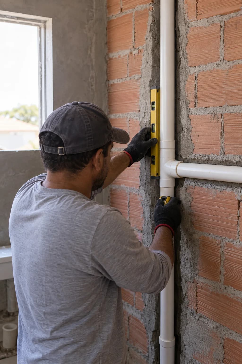 Instalação hidráulica em parede de alvenaria durante uma obra